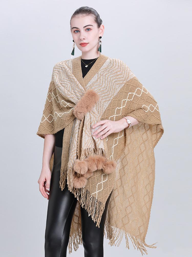 New Imitation Cashmere Elegant Women Pompom Scarf Winter Ladies Striped Fringed Poncho Femme Capa Para Mujer Pashmina Wrap Shawl
