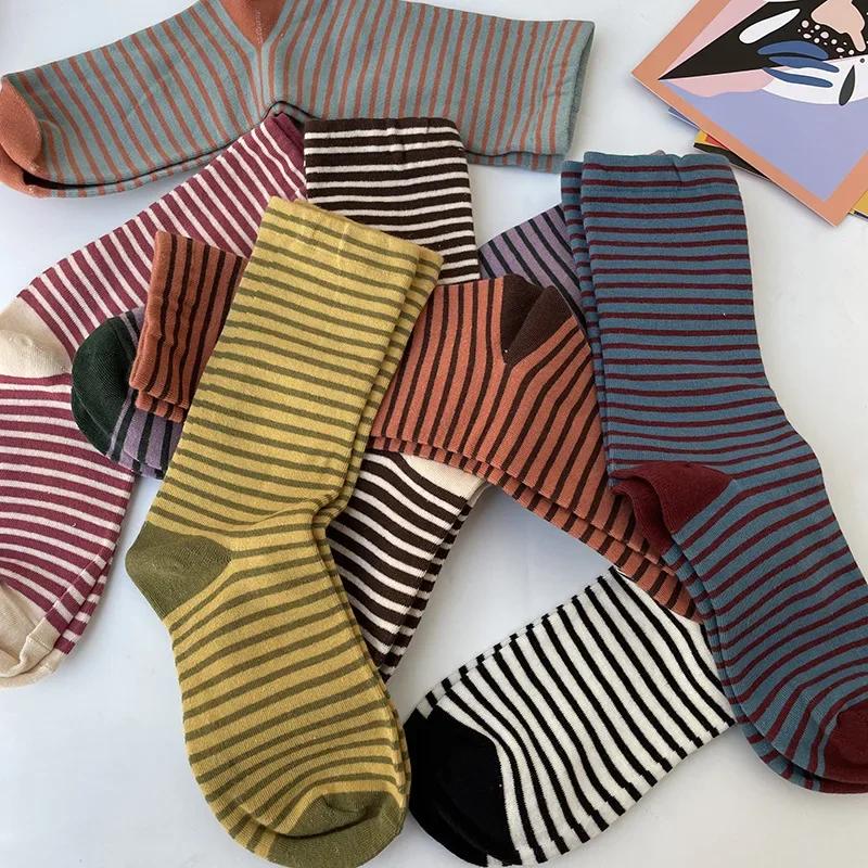 Retro Striped Women Socks Medium Tube Socks Spring and Autumn Cotton Women Long Socks Japanese Fashion College Style Women Sox