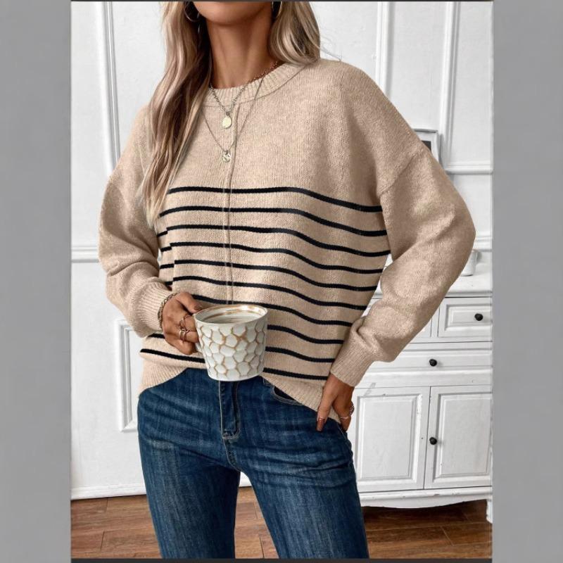 Women S Loose Casual Knit Striped Round Neck Sweater