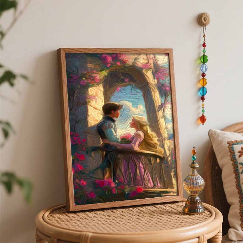 Disney Rapunzel oil painting handmade painting kit diy home room decoration gift. Romantic couple on balcony with flowers wall art decor