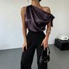 Dames Blouse Schuine Schouder Asymmetrisch Off-Shoulder Strik Blouse Casual Kantoorstijl Losse Pasvorm Satijnen Tops Dagelijkse Kleding
