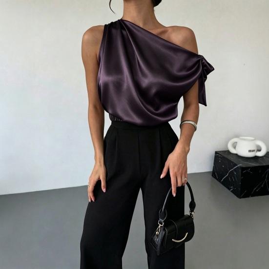 Dames Blouse Schuine Schouder Asymmetrisch Off-Shoulder Strik Blouse Casual Kantoorstijl Losse Pasvorm Satijnen Tops Dagelijkse Kleding