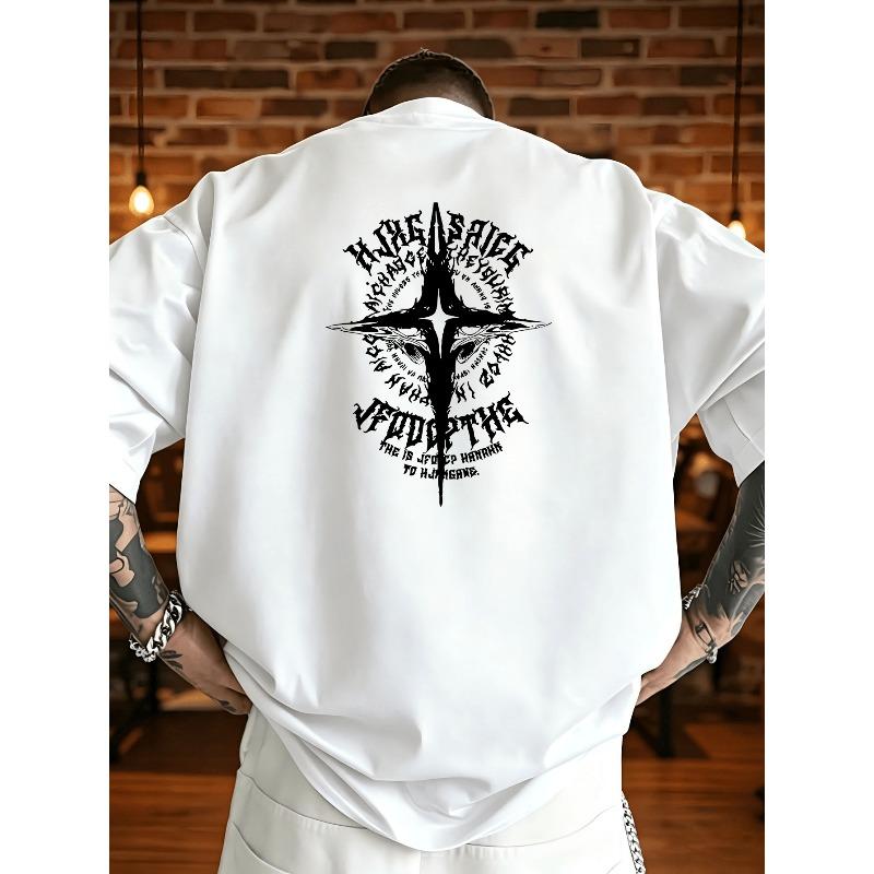 European Size Hand-Drawn Cross T-Shirt, with Tattoo Artist-Style Lines And Gothic Font, Effortlessly Presenting The Style of Niche Art Trendsetters S белый
