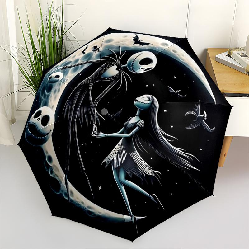 

1pc Nightmare Before Christmas Jack & Sally Moonlight Dance Automatic Opening/Closing Umbrella, Portable 3-Fold Design with 8-Bone Iron Fram