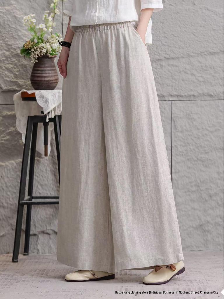 Women's 2026 Summer Linen Wide-Leg Pants: Solid Color, Loose Fit, Large Size, Casual Fashion