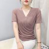 Womens V Neck Wrap Ruched Rhinestone Mesh Short Sleeve Casual Blouse