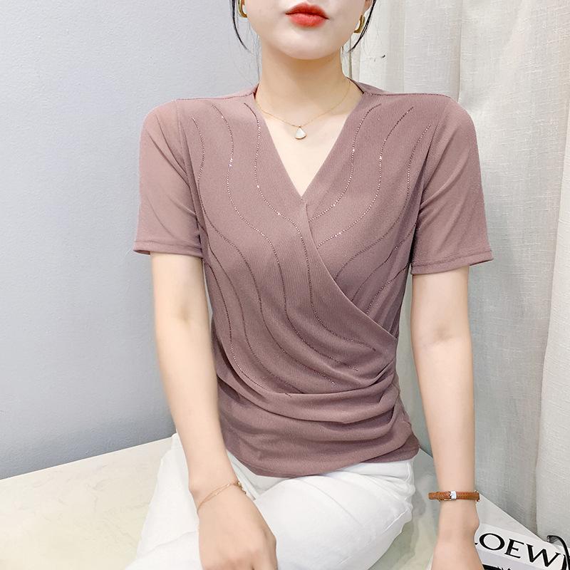 Womens V Neck Wrap Ruched Rhinestone Mesh Short Sleeve Casual Blouse