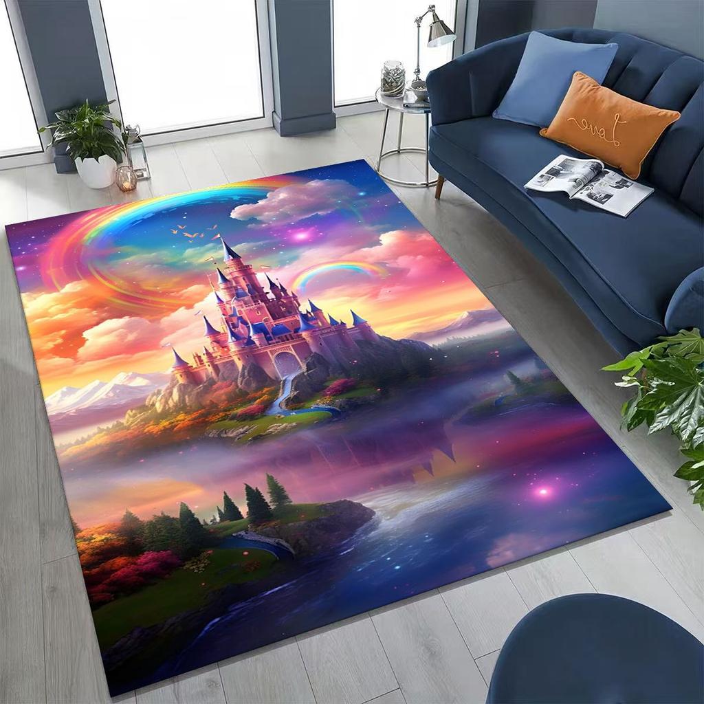 Enchanted Fairytale Princess Castle Gothic Castle Cartoon Rug for Bedroom Living Room Sofa Home Doormat Decor, Kids Non-slip Mat