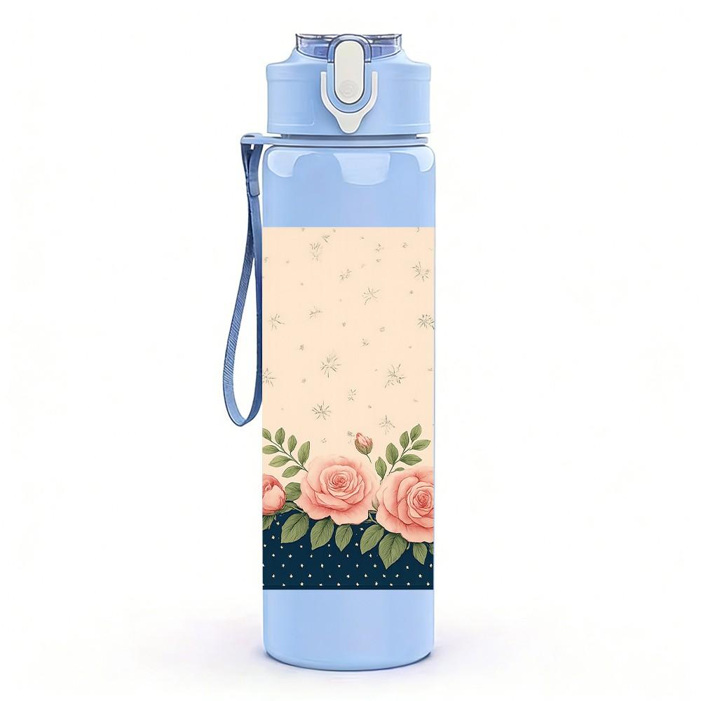 1PC Beige Vintage Floral Texture 750ml Color Plastic Sports Water Bottle Leakproof Flip Straw Lid Suitable for Sports Office Home Use