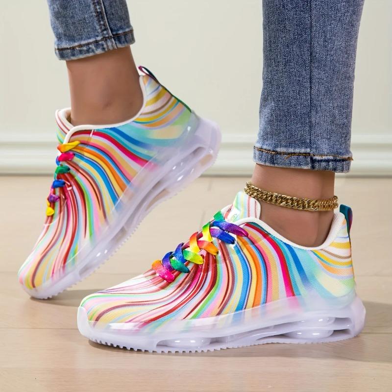 Regenbogenstreifen-Design Damenschuhe Mesh Atmungsaktiv Freizeitschuhe Schnürschuhe Vulkanisierte Schuhe Damen Sneaker Outdoor-Sport Laufschuhe