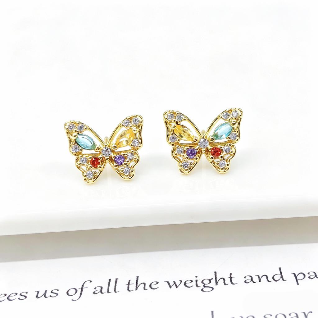 High-Quality Gold Plated Colorful CZ Butterfly Stud Earrings for Women Multi Crystal Cute Animal Earrings Fashion Party Jewelry