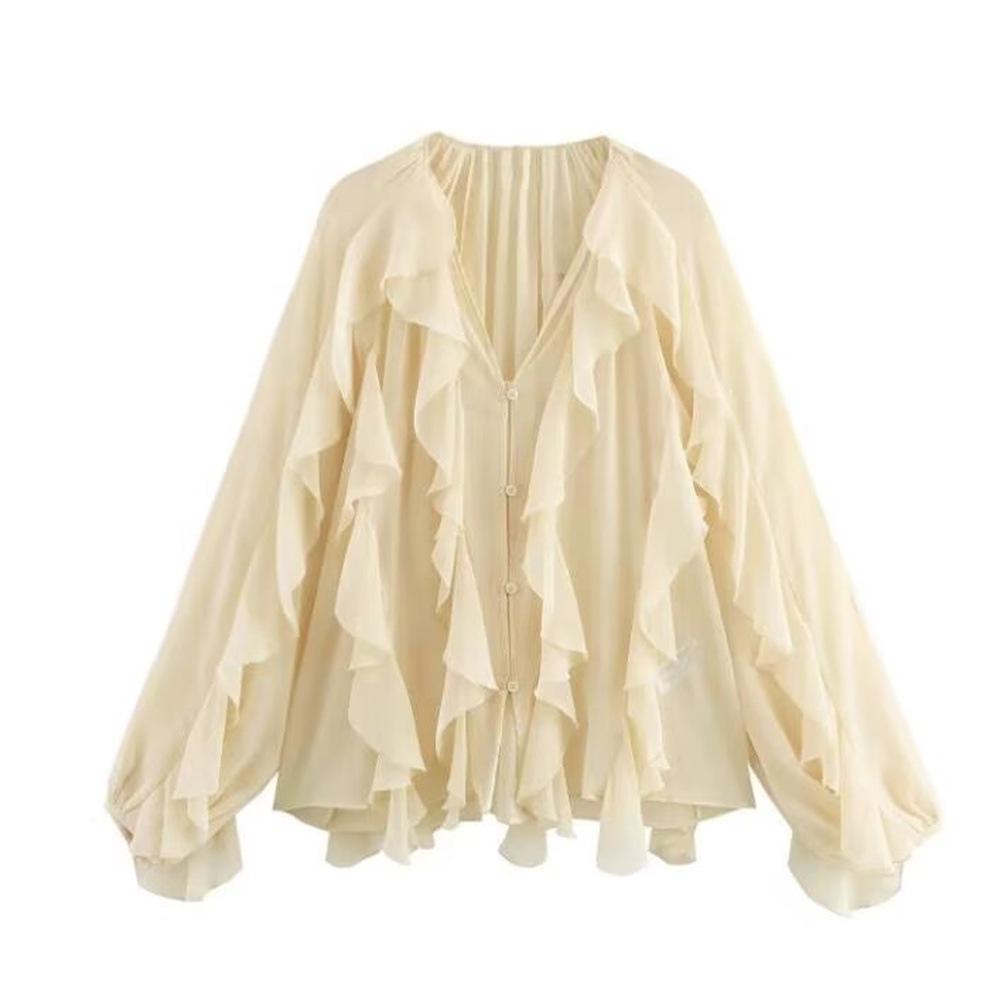 

Spring Women s Bow Tie Layered French Lantern Sleeve Shirt Extra Small
