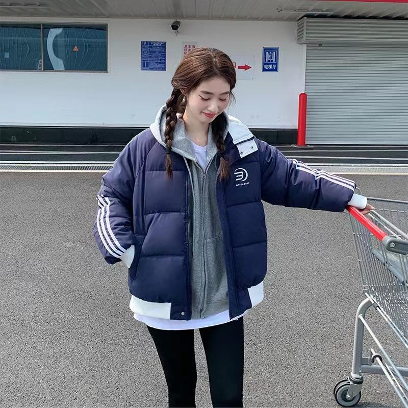 Korean trendy brand side three-bar stripe contrasting stand-up collar cotton jacket cotton clothes new warm and thickened padded jacket top in winter