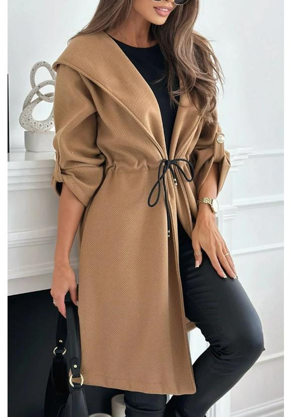 Cappotto con Cappuccio e Revers da Donna Europeo e Americano con Spalline 2026 - Stile Casual Autunno/Inverno a Manica Lunga
