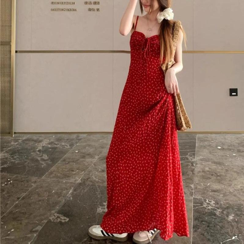 Vintage floral dress red dress women's summer spice a word skirt suspender skirt vacation style seaside dress