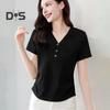 Damen T-Shirt mit V-Ausschnitt und Knöpfen, kurzärmelig, schmale Passform, weich, elastisch, Pullover, Oberteile für den Pendlerstil