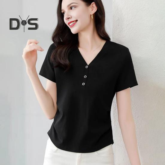 Damen T-Shirt mit V-Ausschnitt und Knöpfen, kurzärmelig, schmale Passform, weich, elastisch, Pullover, Oberteile für den Pendlerstil