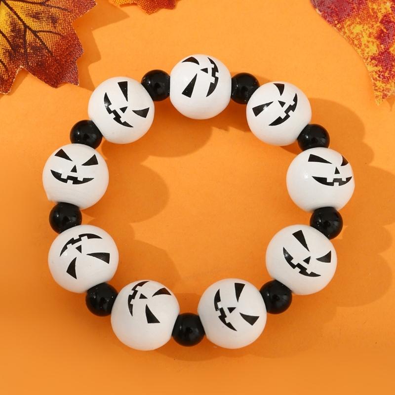 Skull Pumpkin Spiders Bead Bangle Simple Halloween Beaded Bracelet Wristband Adjustable Elastic Bangle Statement Jewelry