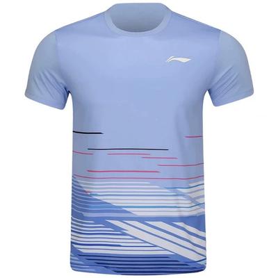 Li Ning Komfortabel Avslappet Enkel Rund Hals Genser Kort Erme Badminton Skjorte Unisex Topper Blomstret-Blå AAYV049-3