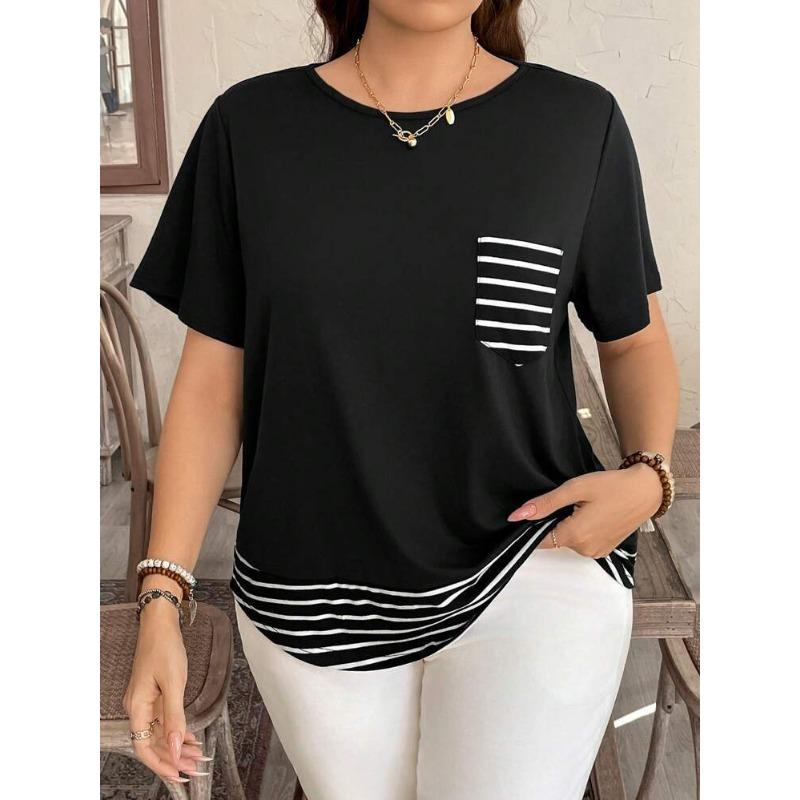 Womens Loose Short Sleeve Striped Patchwork T Shirt With Pocket S чёрный