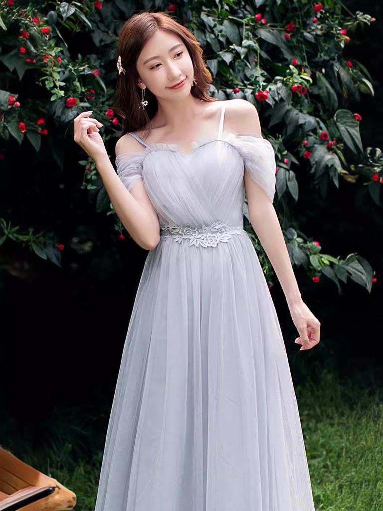 2025 New Off-the-Shoulder Bridesmaid Dress: Mid-Length, Slimming, with Fairy Charm for Special Occasions.
