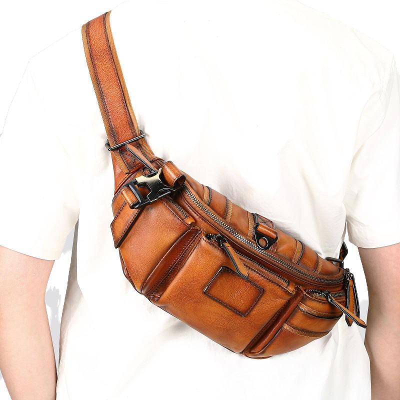 Vera Pelle Borsa da Petto da Uomo Retro Marsupio Monospalla a Tracolla Marsupio da Uomo in Pelle Bovina