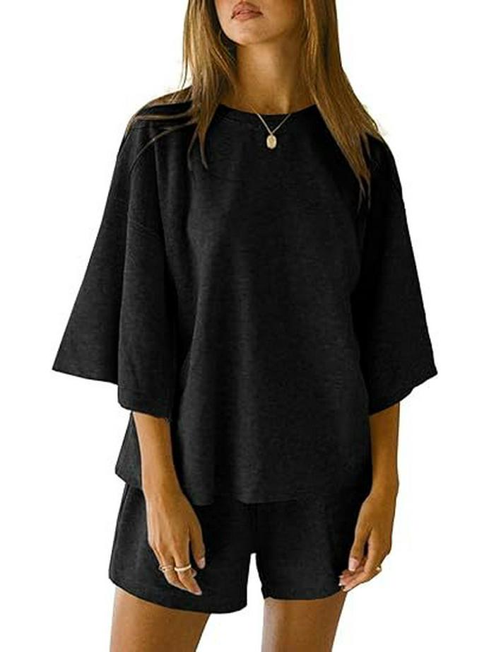 2025 Summer Women's 2-Piece Set: Seven-Sleeve Top & Elastic Waist Shorts