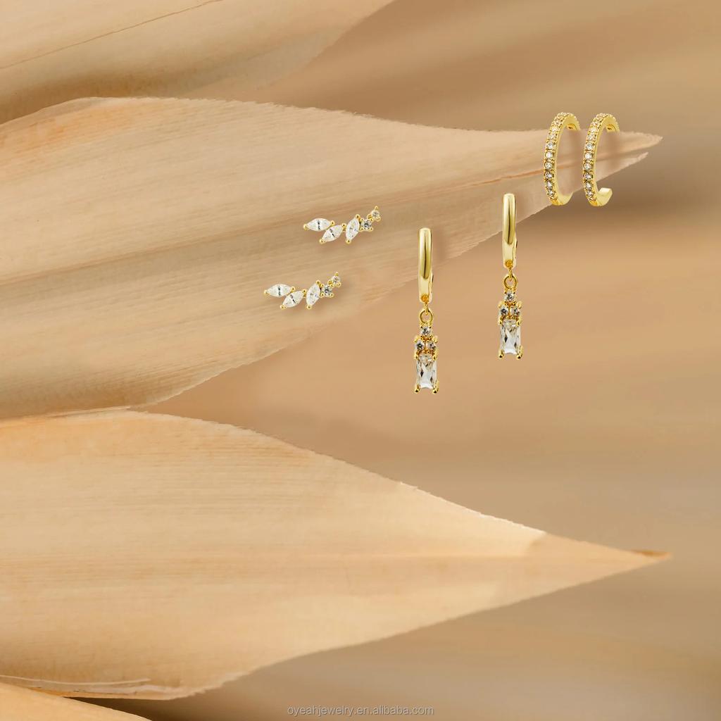 3 Pairs Square Leaf Zircon Hoop Stud Pendant Earrings Set for Women Gold Plated Brass Dangle Jewelry