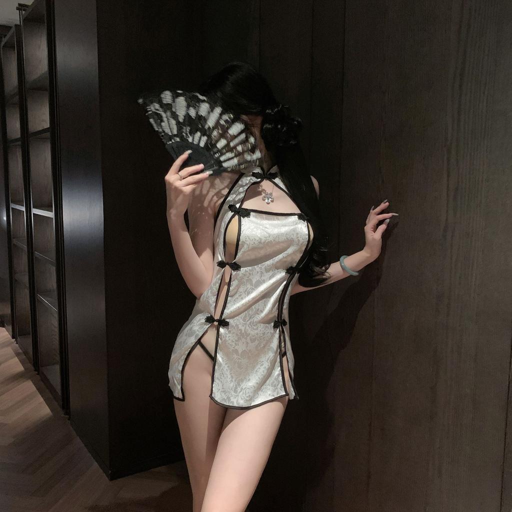 Erotic lingerie sexy cutout vintage print cheongsam hot double slit passionate seduction uniform women's nightdress