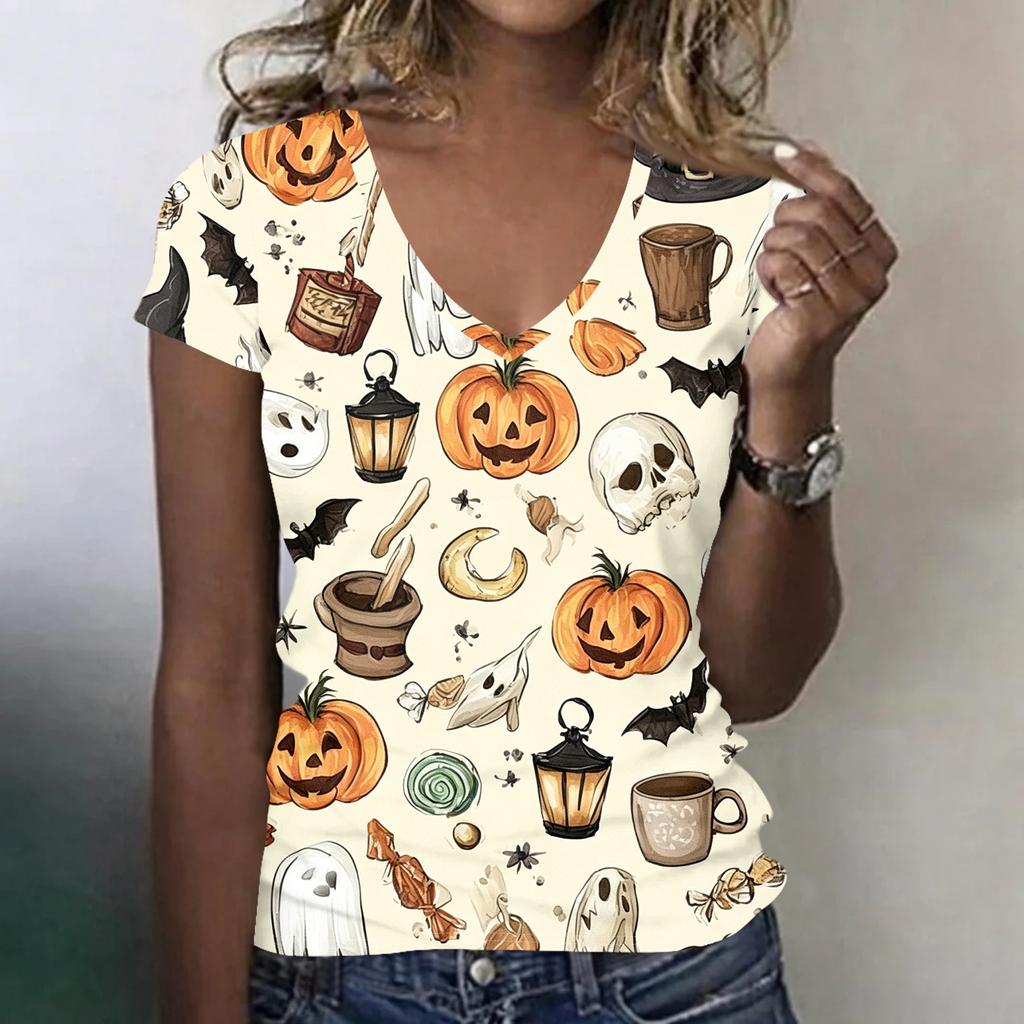 Women's V-Neck Halloween Print Blouse Lightweight Spring Summer Top