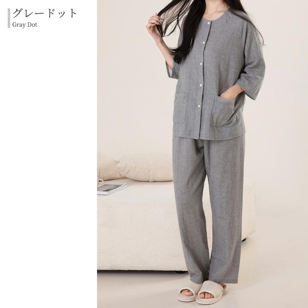 Yes Family Double Gauze Pajama Polka Dot XL Women's Set, 100% Cotton, 3/4 Sleeves, Pattern,
