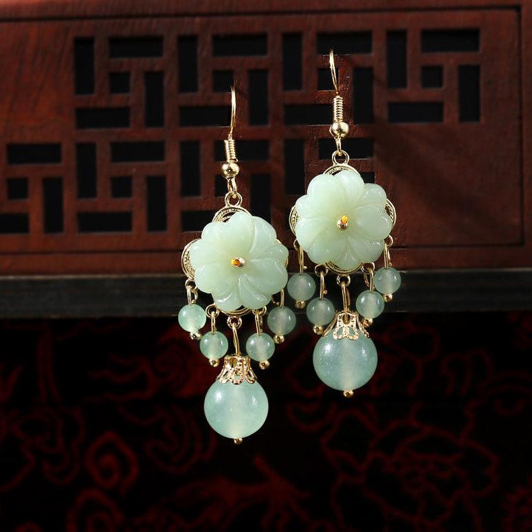 Green Jade Marrow Flowers Tassel Drop Earrings for Women Ethnic Stud Earring Pretty Jewelry Gifts