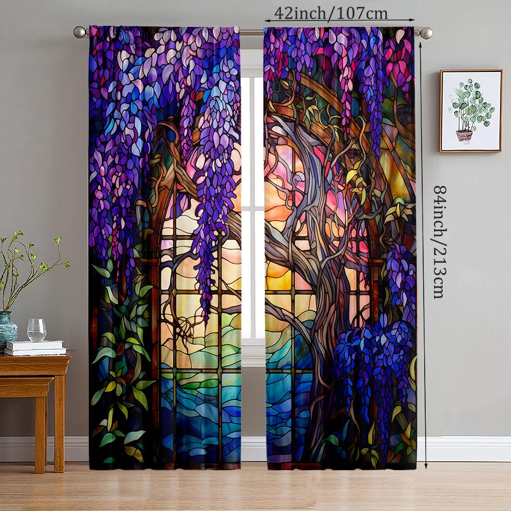 Set Of 2 Stained Glass Flower Wisteria Printed Curtain Home Decor Window Treatment Bedroom Office Kitchen With Rod Pocket Polyester Perfect For Master