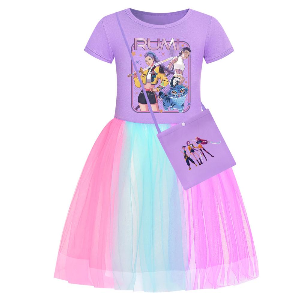 Kpop Demon Hunters Pattern Girl Dress With Cotton Fabric And Pleated Skirt For Kids Girls