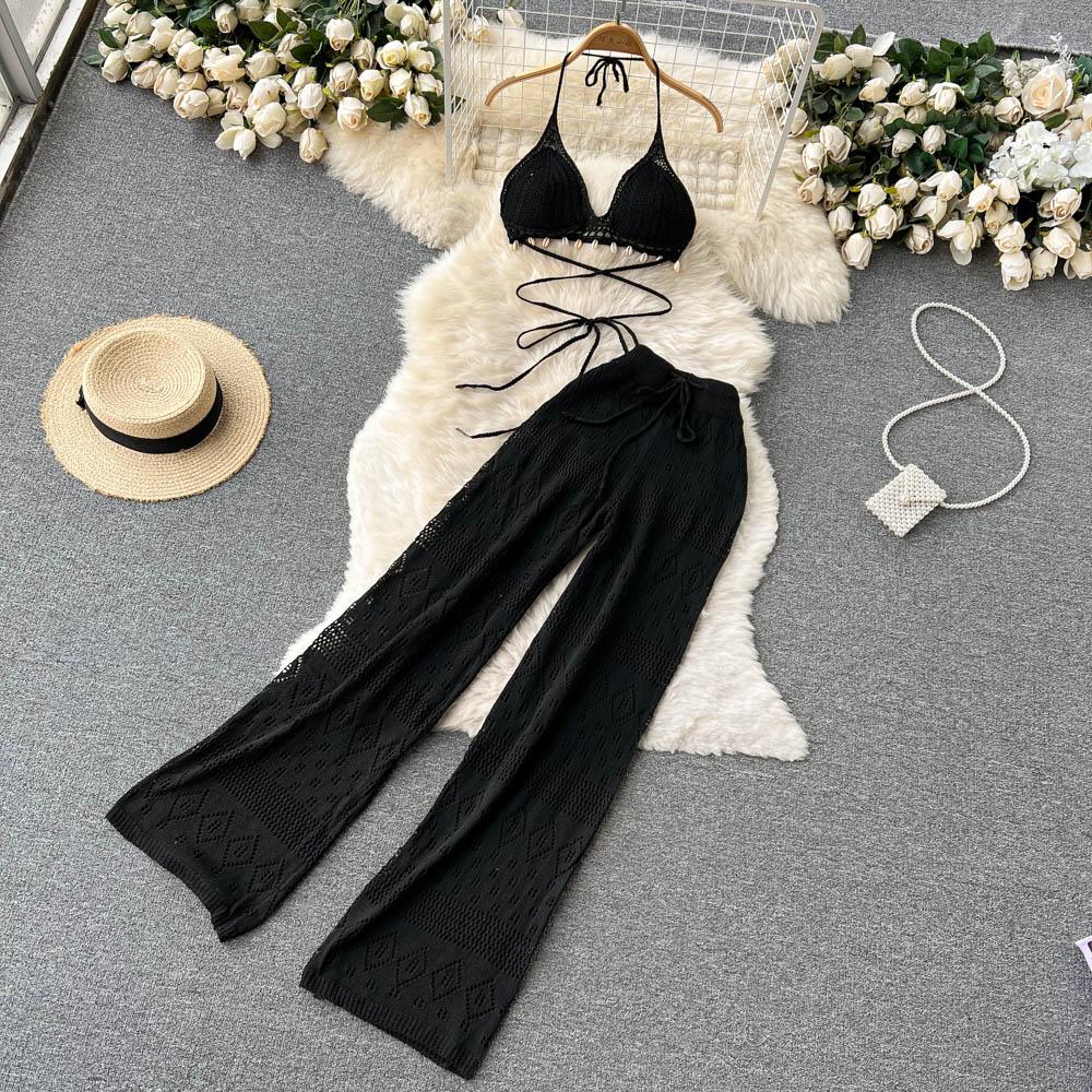 

RUGOD 2025 Summer Straight Tube Loose High Waist Show Thin All-match Mopping Wide-leg Trousers Tie Hanging Neck Short Two-piece Suit One Size