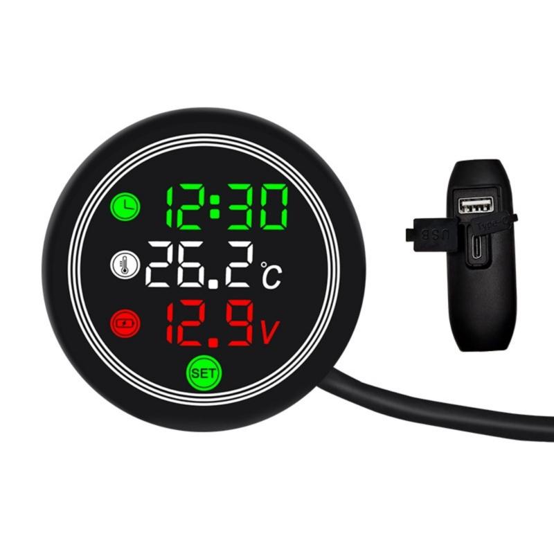 12V Motorcycle Voltmeter Voltage Gauge With Temperature Monitoring USB Type C Charging And Time Display