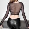 Women's Black Mesh Long Sleeve Corset Top, Square Neck Sheer Boned Crop Top for Streetwear & Party