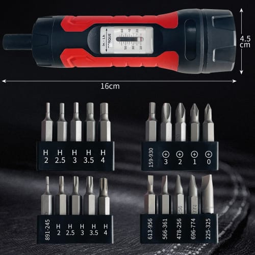 Socpuro Preset Torque Wrench, 6.35mm Drive, 1-7 Nm (0-65 in.lbs), 20-Piece Set of Driver Bits, Torque Setting, Overtorque Prevention, Auto-Lock
