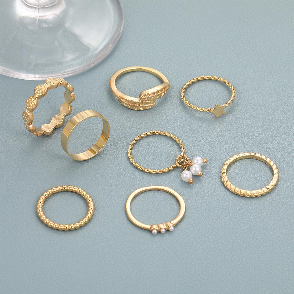 8pcs/set Gold Star Leaf Pearl Rings Personalized Fashionable Rings Set Alloy Rings Women Jewelry Accessories