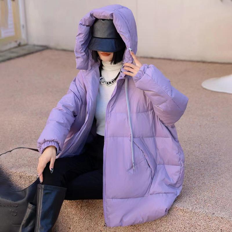 Lagabogy Mid-length Puffer Coat Casual Winter Women Loose Thick White Duck Down Jacket Female Solid Windproof Hooded Parkas