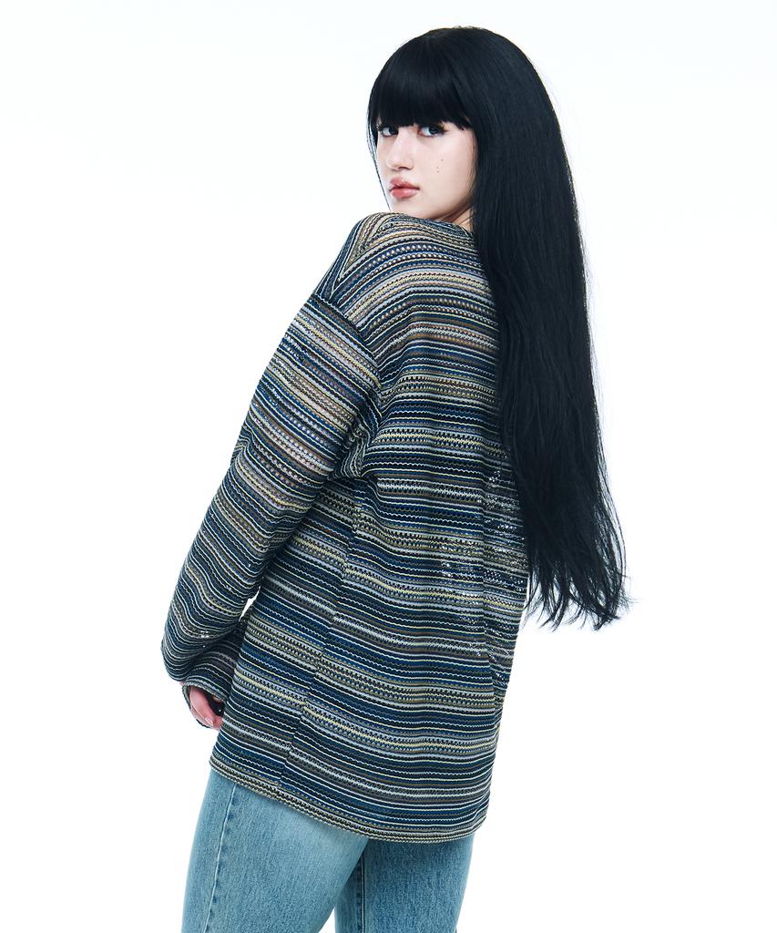 C WEAR BY THE GENIUS See-Through Craft Knit Pullover Blue