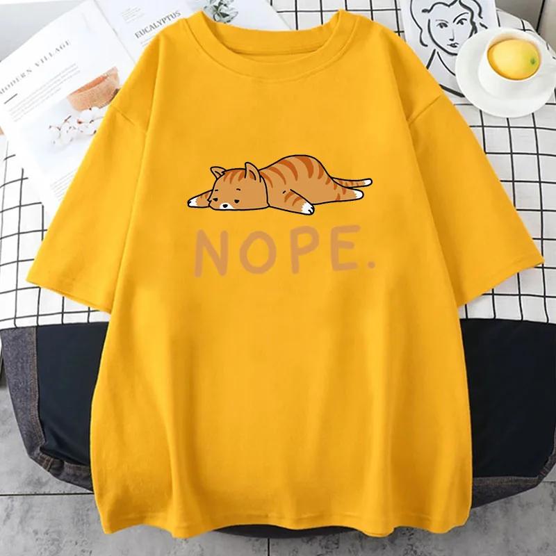 Sleeping Cat Nope Cartoons Print Male Short Sleeve Harajuku Street T-Shirts Summer Loose T Shirts Harajuku Cotton T Shirt Men