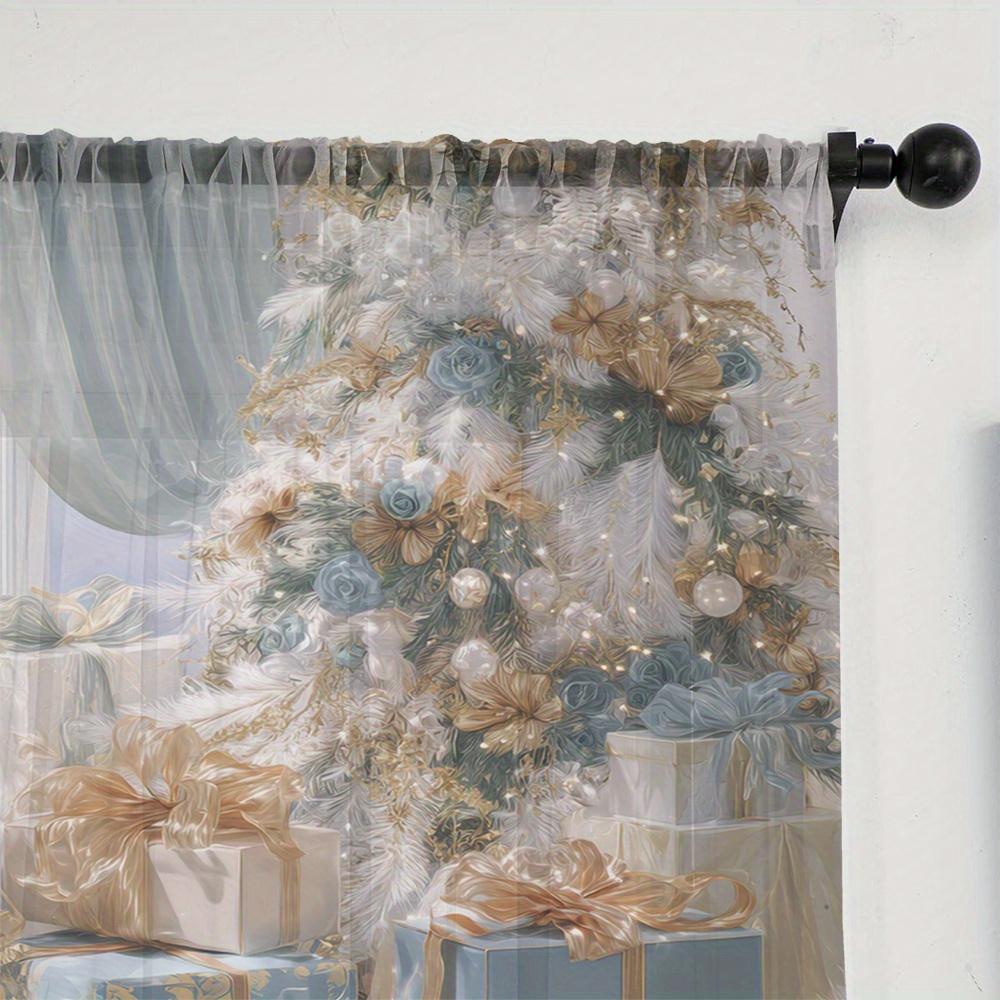 2 Pcs Christmas Blue & Gold Gift Tree Curtains – Festive Holiday Print for Kitchen Cafe Dining Room Balcony Garden Bedroom Decor