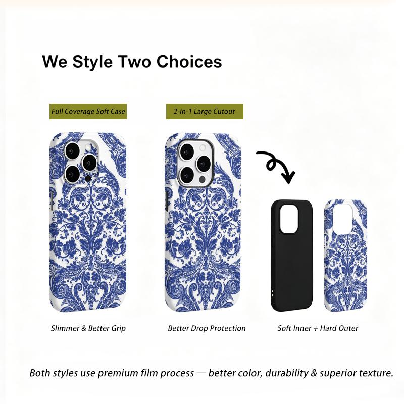 Cobalt Baroque Ornate Pattern Design Art Film Aesthetic Protective Shockproof Bumper Phone Case Cover For iPhone 14 15 16 Pro Max Plus