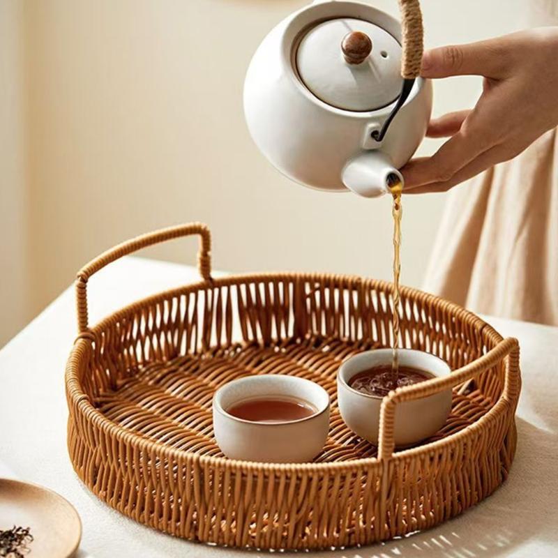 Portable PP Handwoven Look Serving Tray With Easy Carry Handles For Dining Table Decoration