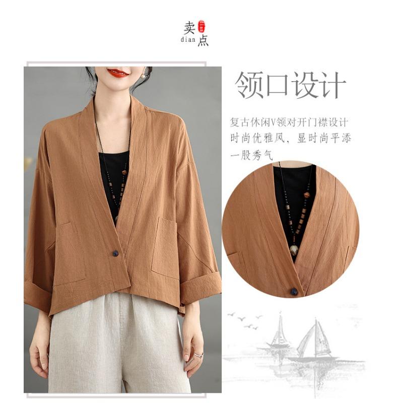 Damen S Locker Kurz Baumwoll-Leinen-Mischung Strickjacke Hemd