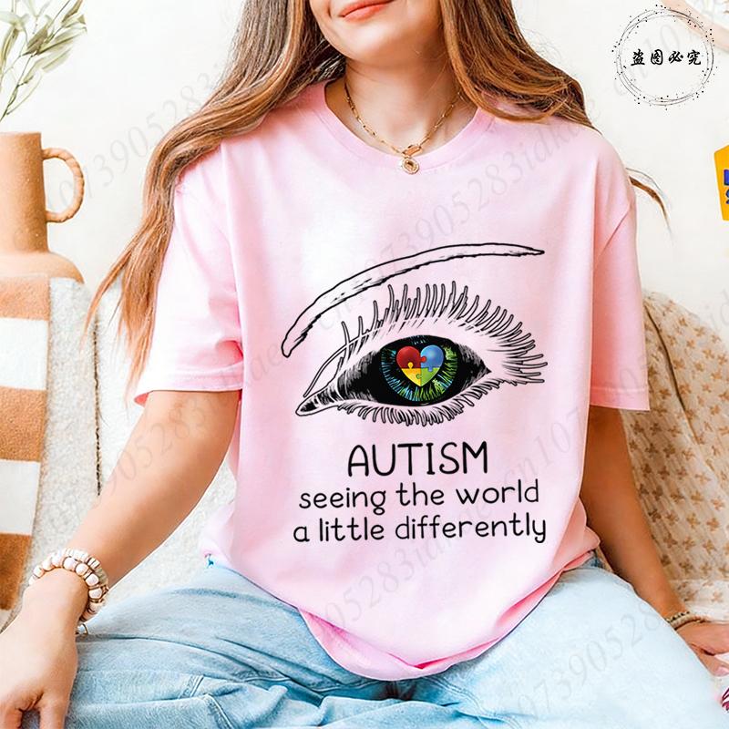 Autism Awareness Unisex T-Shirt, Seeing The World A Little Differently Eye Puzzle Print Tees for Awareness Month Female Clothing S