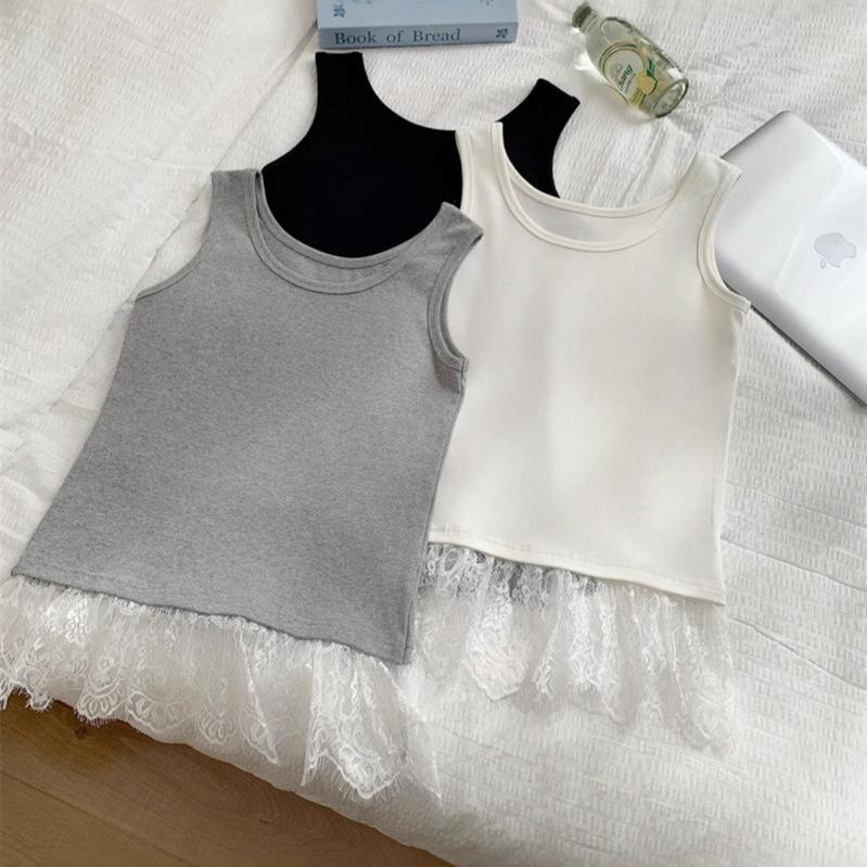 Frühling/Sommer 2025 Damen Ärmelloses Layering-Top mit Spitzensaum