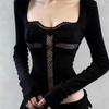 Autumn Winter Retro Black Square Neck Lace Patchwork Long Sleeve Women's Top
