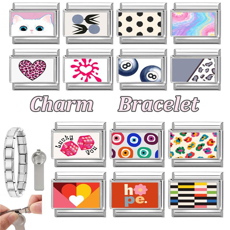 Lovely Cat Ball Leopard Heart Strawberry Flower Y2K Italian Charm Link Fit 9MM Stainless Steel Bracelet Girls' DIY Making Gift